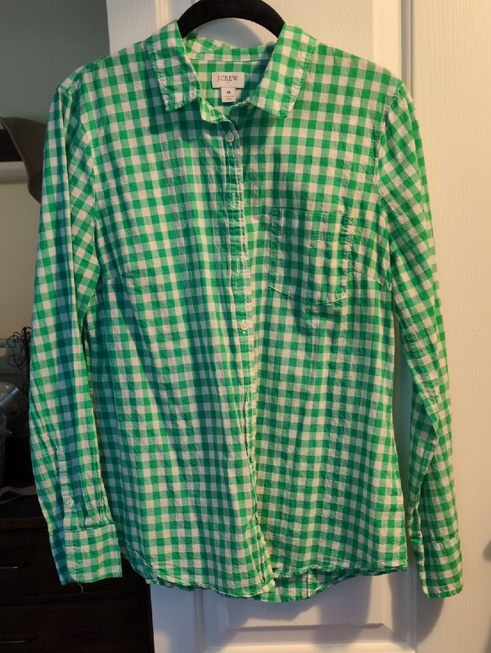 J. Crew Women's Green and White Gingham Button-Down Shirt